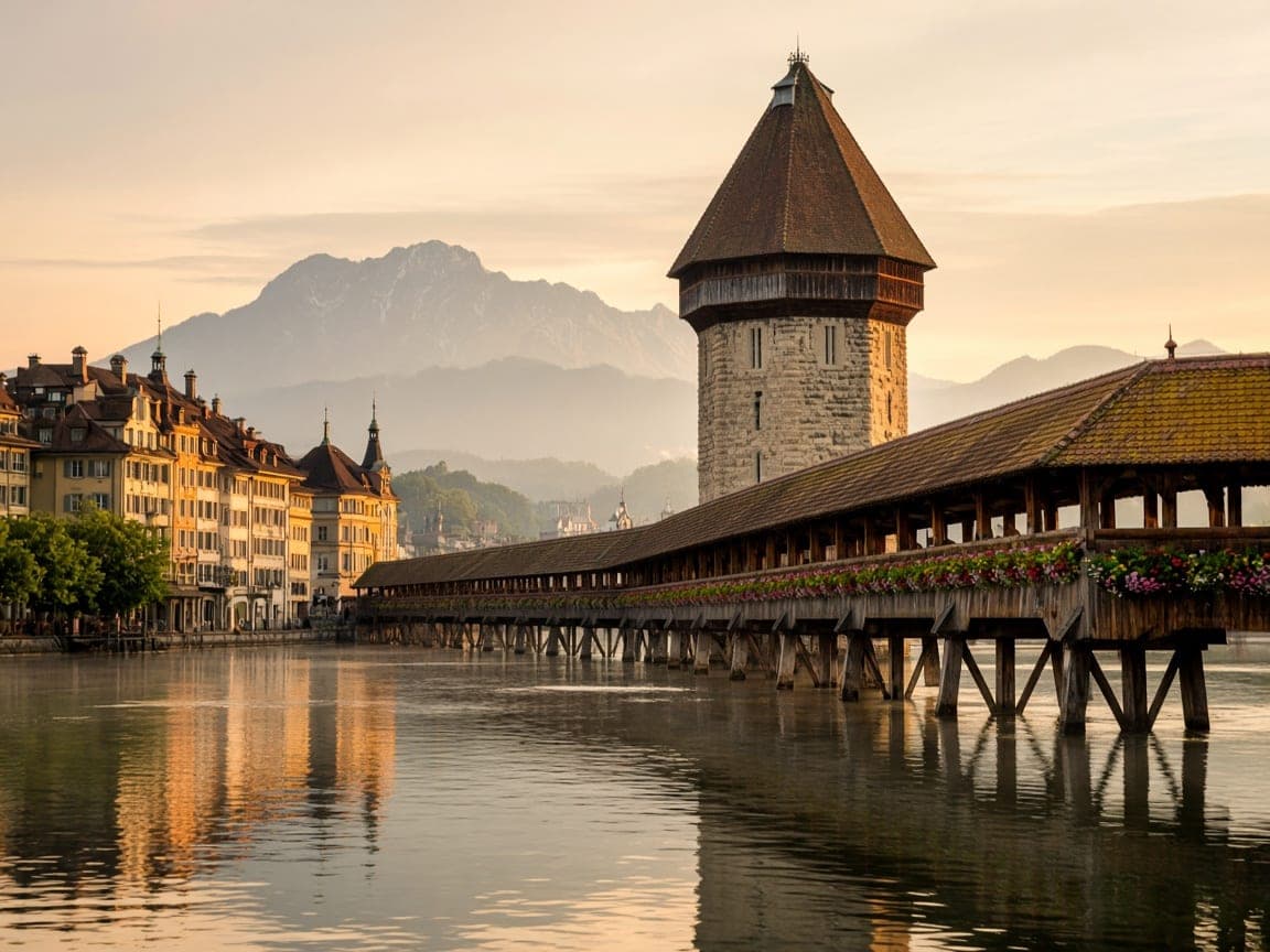 The Chapel Bridge and Water Tower in Lucerne, with Mount Pilatus